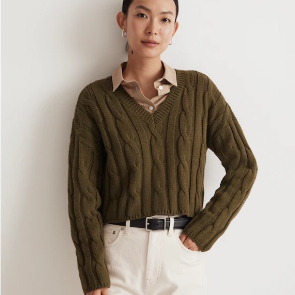 Madewell Green Cable Knit Crop Sweater